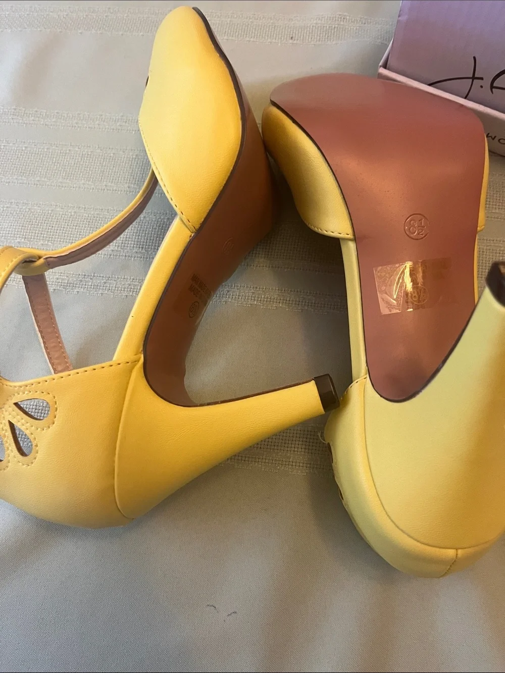 J. Adams Bright Yellow T‑Strap Floral Cutout Heels Size 8.5